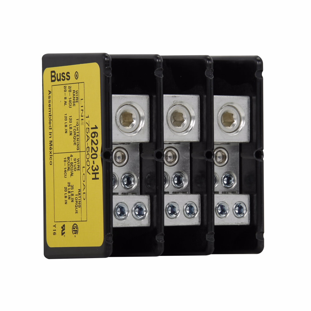 Eaton Bussmann series power distribution block, 600 Vac, 600 Vdc, 175A, Power distribution block, Three-pole, SCCR: 100 kA, Black, Molded Thermoplastic Base, Tin-plated aluminum connector - 16220-3H