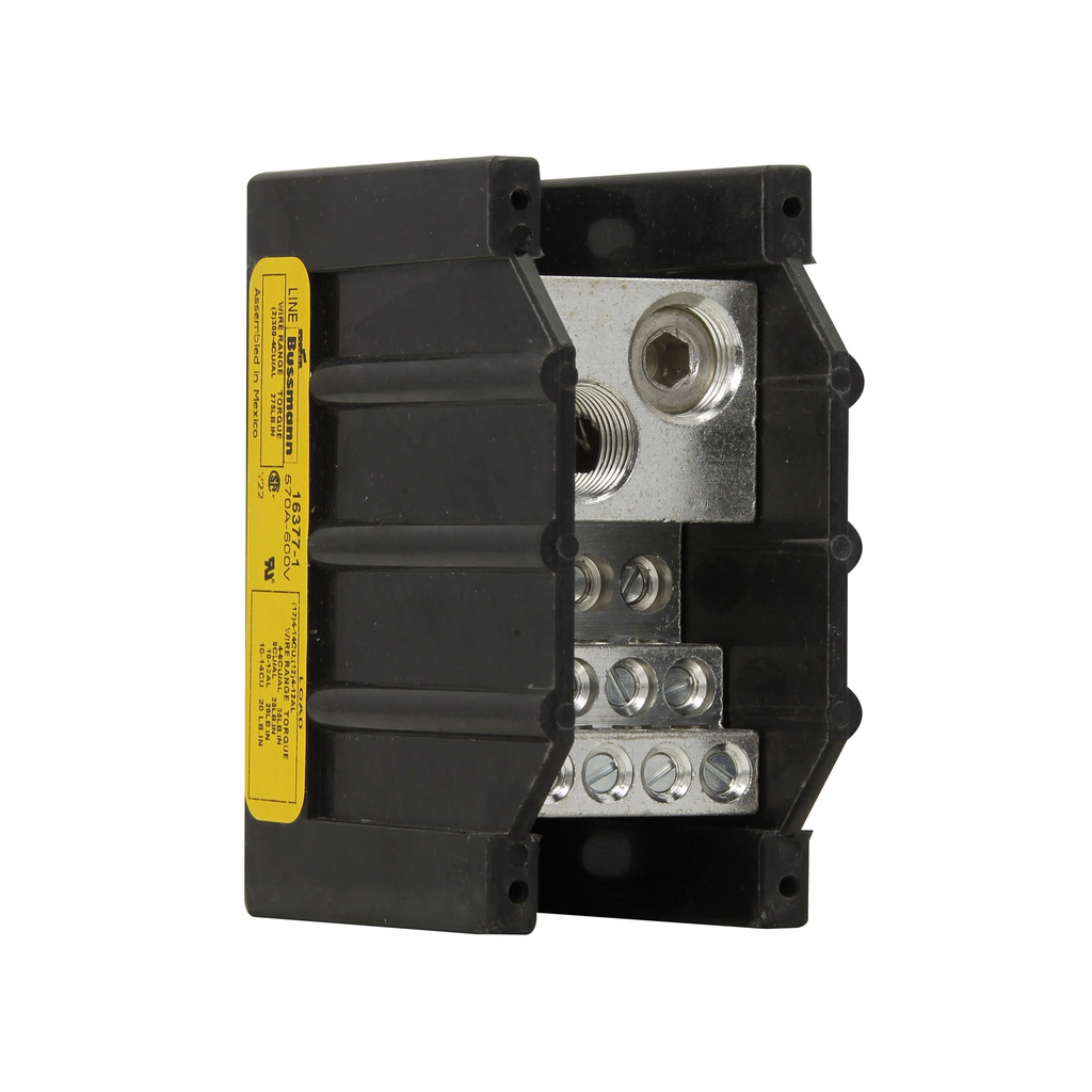 Eaton Bussmann series power distribution block, 600 Vac, 600 Vdc, 570A, Power distribution block, Single-pole, SCCR: 10 kA, Black, Molded Thermoplastic Base, Tin-plated aluminum connector