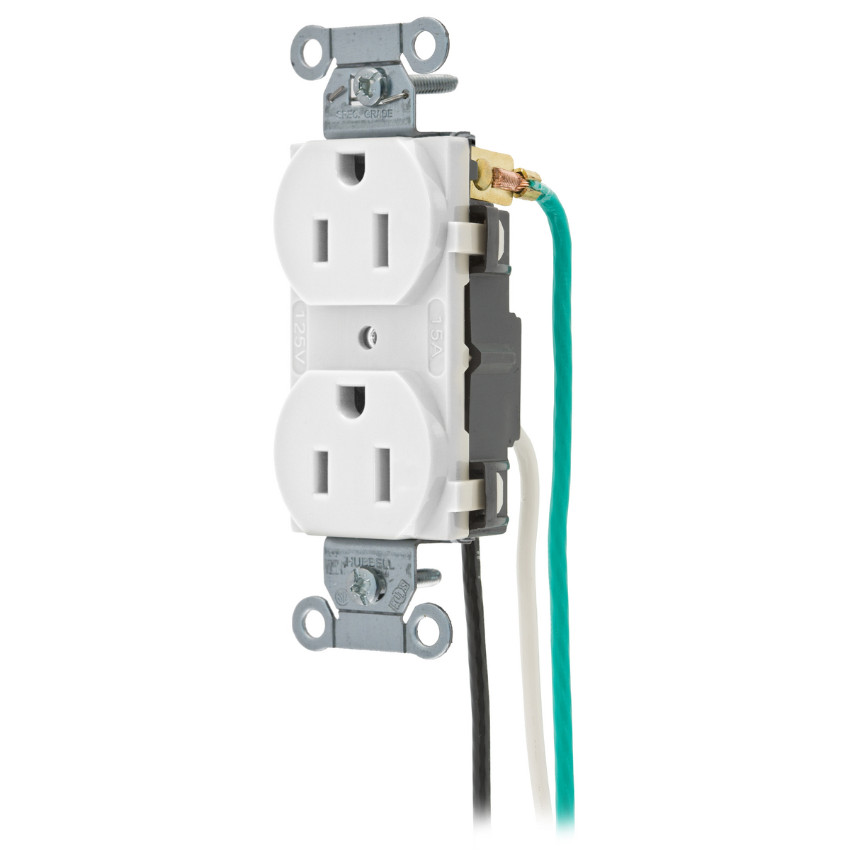 CR15WHIP2 1-Phase Duplex Standard Traditional Screw Mount Tamper-Resistant Straight Blade Receptacle, 125 V AC, 15 A, 2 Poles, 3 Wires, White