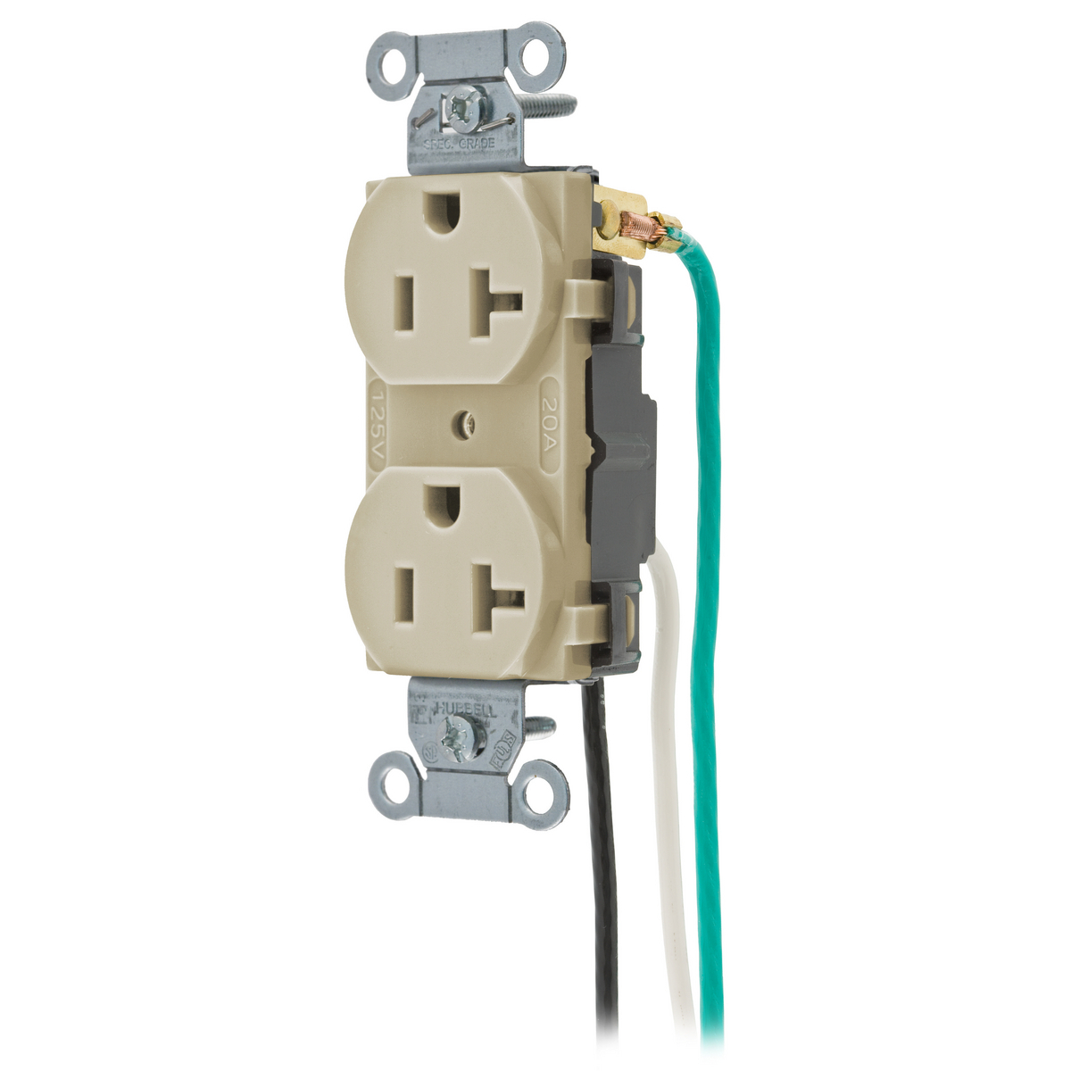 CR20IP1 1-Phase Duplex Standard Traditional Self-Grounding Straight Blade Receptacle, 125 VAC, 20 A, 2 Poles, 3 Wires, Ivory