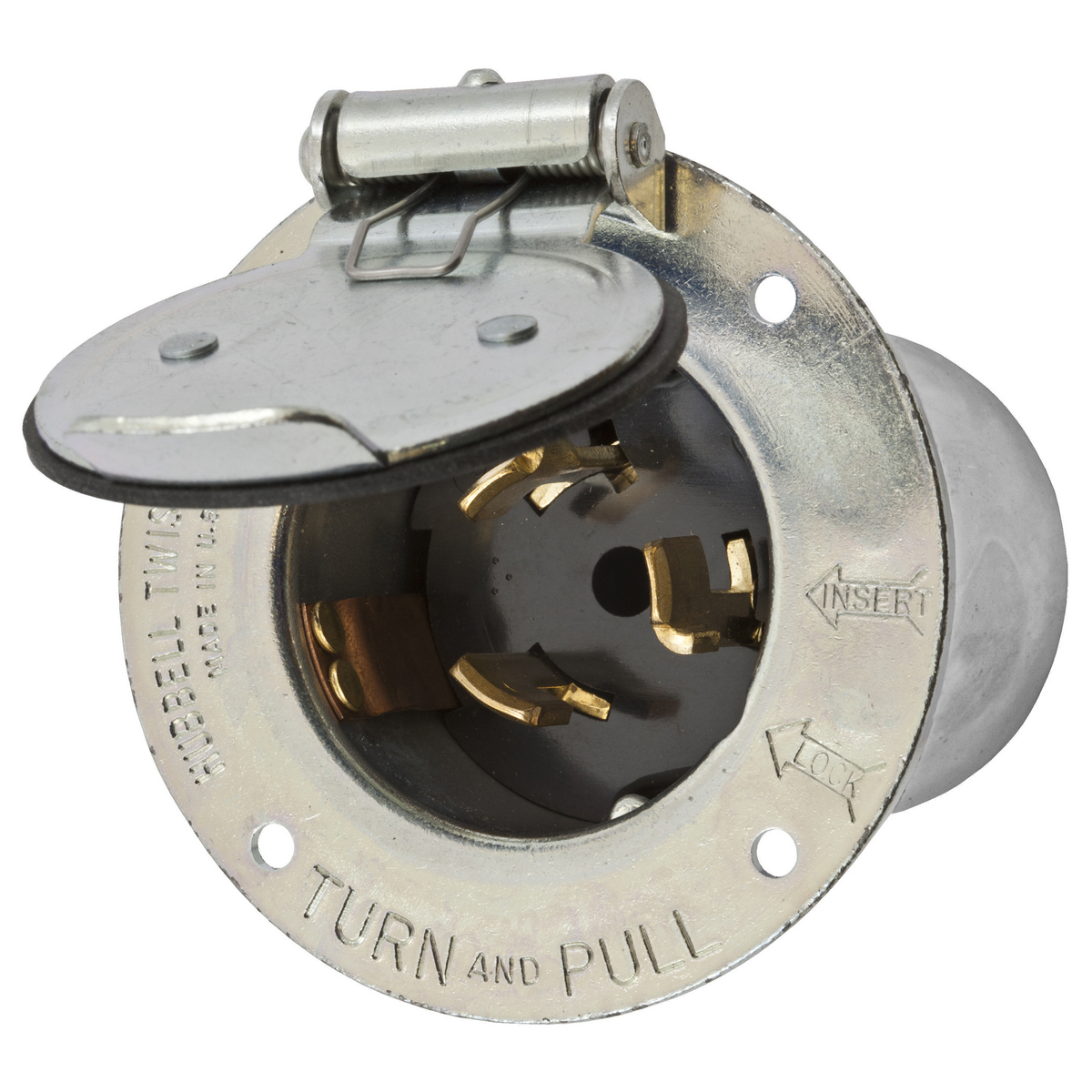 CS8175M3 1-Phase Grounding Heavy Duty Standard Screw Mount Flanged Inlet With Weather Proof Cover, 480 VAC, 50 A, 3 Poles, 4 Wires, Metallic