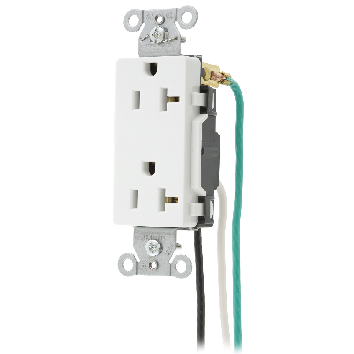 DR20WHIP1 1-Phase Decorator Duplex Self-Grounding Standard Tamper Resistant Screw Mount Straight Blade Receptacle With 8 in Solid Leads, 125 V AC, 20 A, 2 Poles, 3 Wires, White