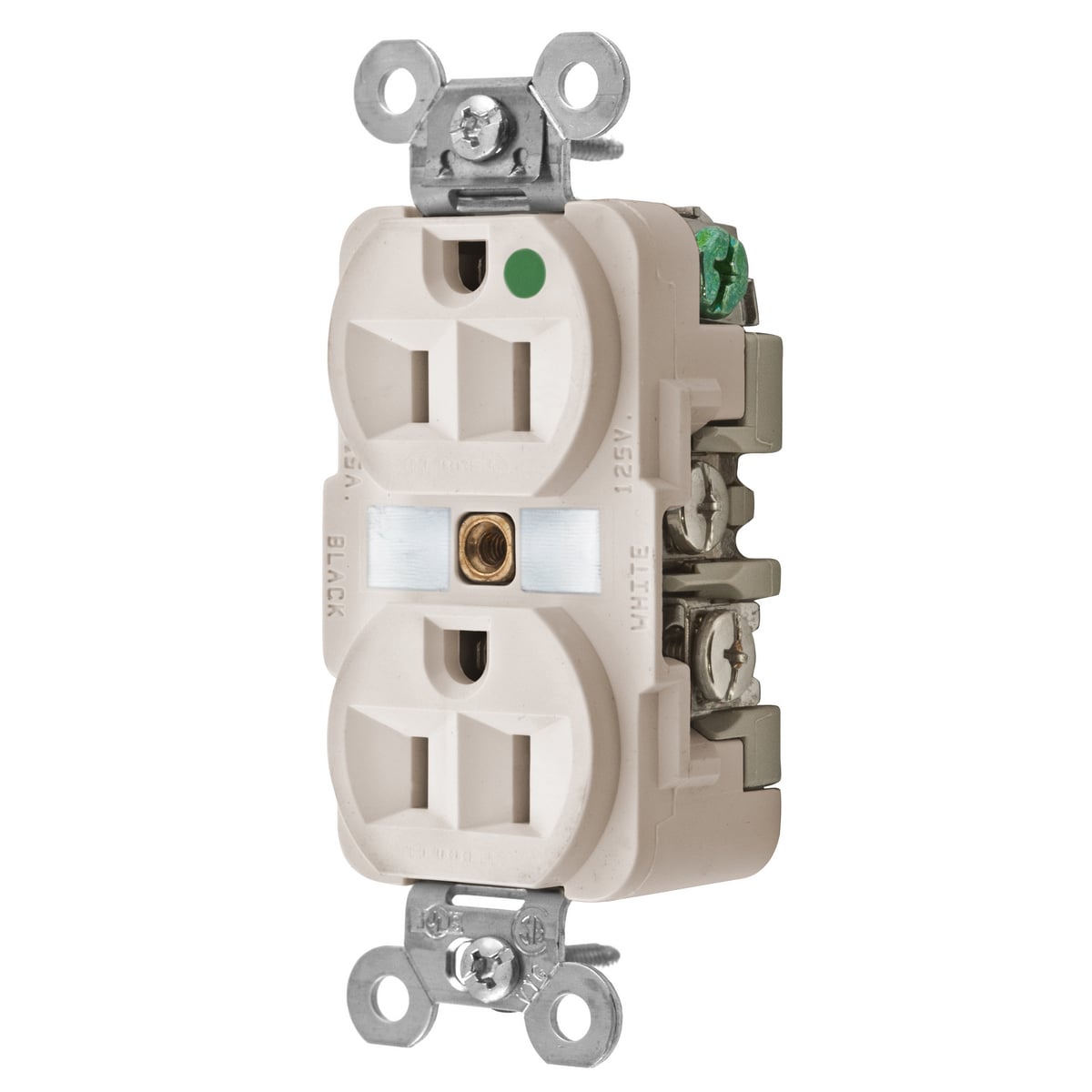 HBL8200LA 1-Phase Duplex Extra Heavy Duty Self-Grounding Standard Traditional Screw Mount Straight Blade Receptacle, 125 V AC, 15 A, 2 Poles, 3 Wires, Light Almond