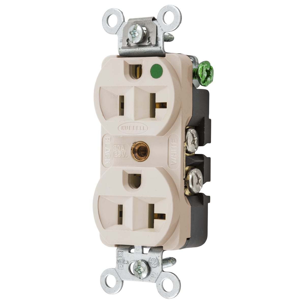 HBL8300HLA 1-Phase Duplex Self-Grounding Slender/Compact Traditional Screw Mount Straight Blade Receptacle, 125 V AC, 20 A, 2 Poles, 3 Wires, Light Almond