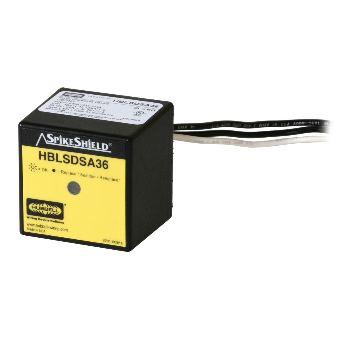 HBLSDSA36 Type 1/2 Wired-In Surge Arrestor, Electrical Ratings: 120/240 V, 60 Hz, 25 kA Short Circuit, 1 Phase