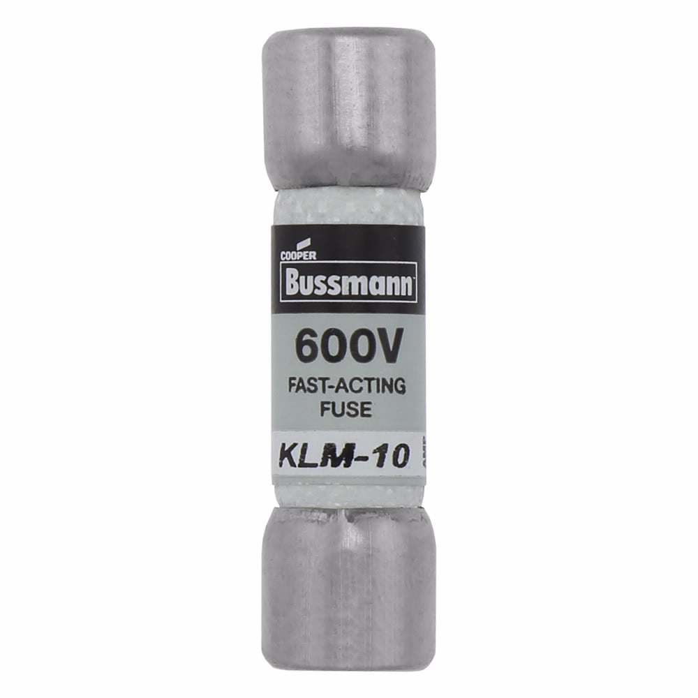 Eaton Bussmann series KLM fuse, LIMITRON Fast-acting fuse, 10 A, Non-indicating, Ferrule end x ferrule end, 50 kAIC at 600 Vdc,100 kAIC at 600 V, Nickel-plated bronze endcap,Melamine tube, 600 V, 600 Vdc