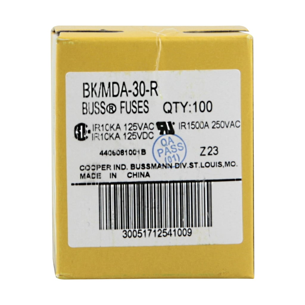 BK/MDA-30-R MDA Small Dimension Time Delay Fuse With Nickel Plated Brass End Caps, 30 A, 250 V AC/125 V DC, 1.5/10 kA Interrupt, Cylindrical Body