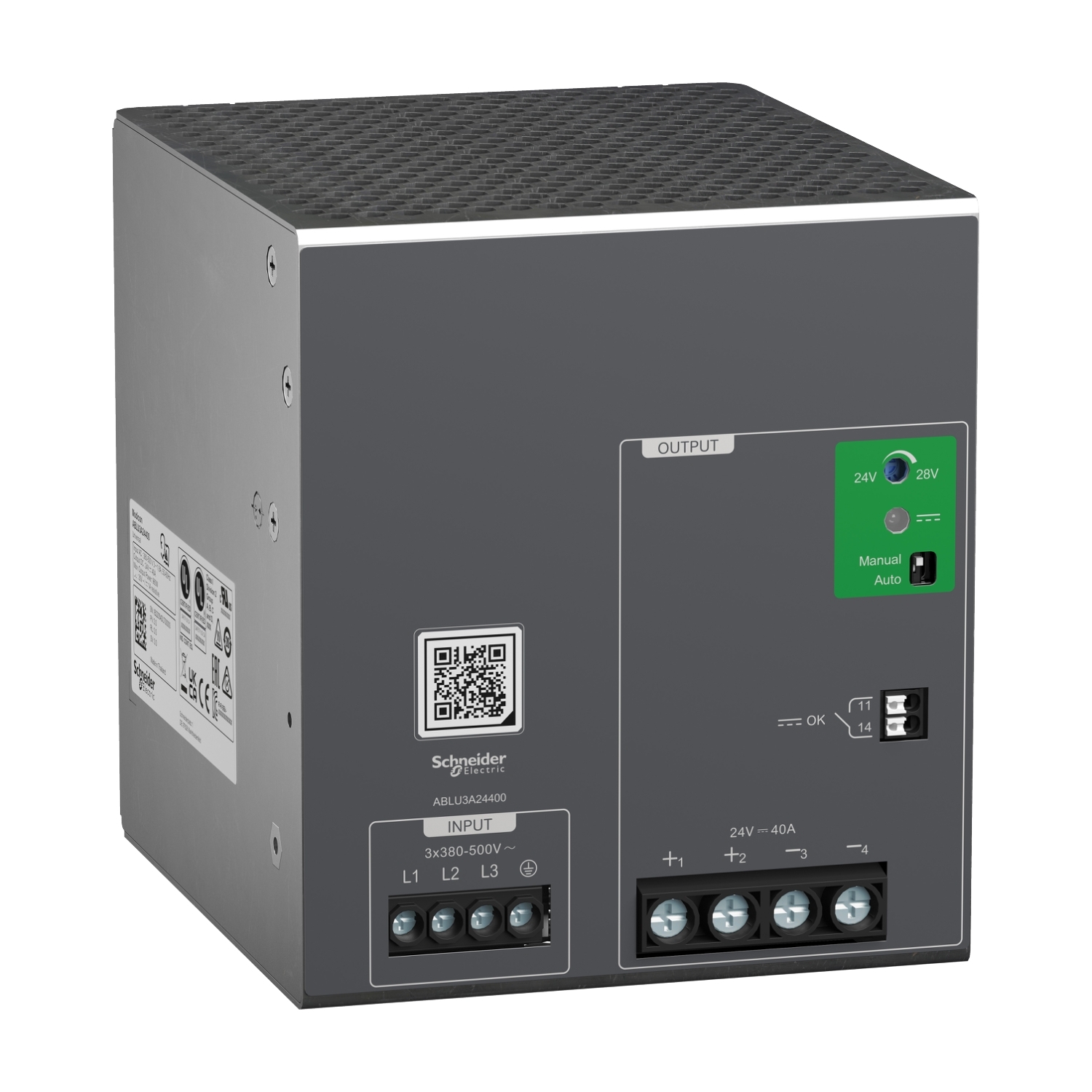 ABLU3A24400 Regulated Power Supply, 380 to 500 V AC Input, 24 VDC Output, 960 W Power Rating, 40 A, DIN Rail Mounting