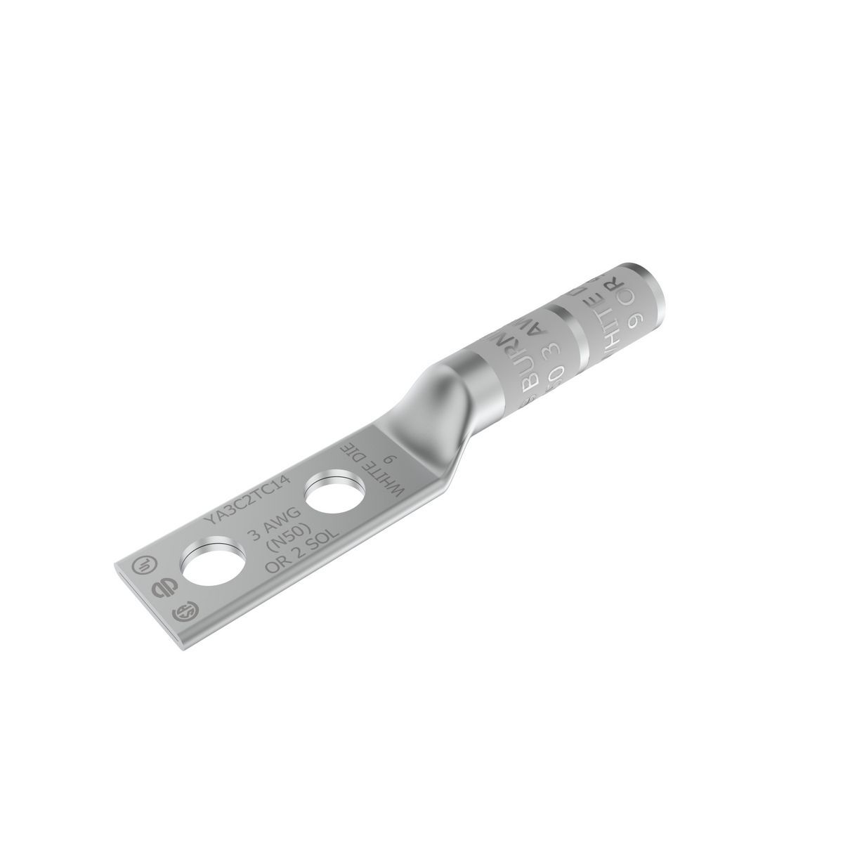 YA3C2TC14 YA-2TC 2-Hole Compression Lug, 3 AWG, 2 AWG Solid/Stranded Copper Conductor, Die Code: 9, 1/4 in Stud, Copper