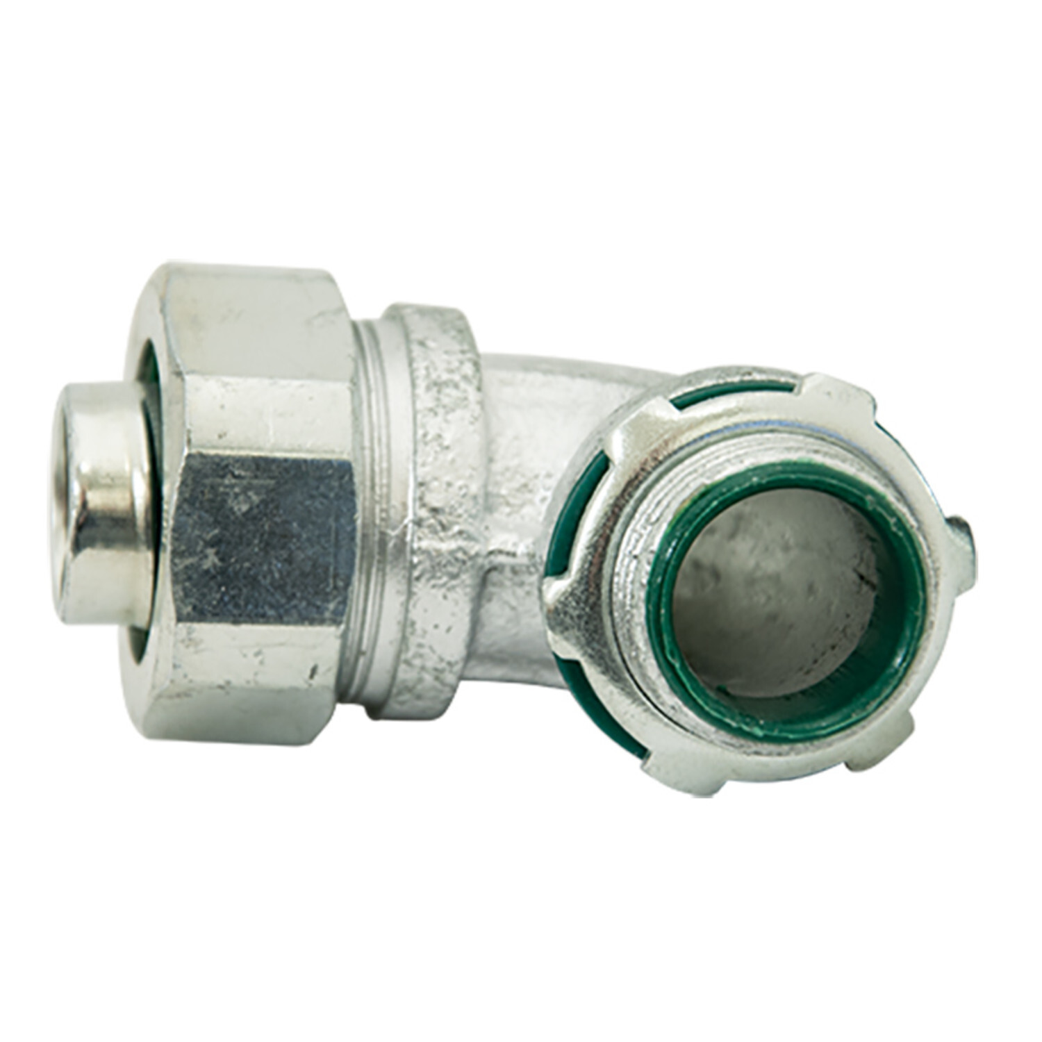 LTQ7590KON Non-Insulated Screw-On Liquid Tight Connector, 3/4 in Trade, 90 deg, Malleable Iron, Zinc Plated