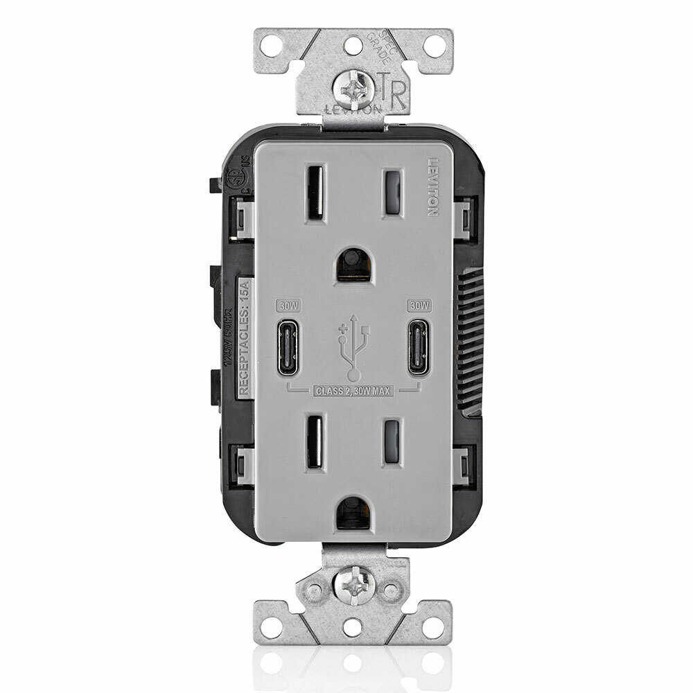 T5635-G Combination Grounding Tamper-Resistant Duplex Receptacle and USB Charger, 125 V AC, 15 A, Gray