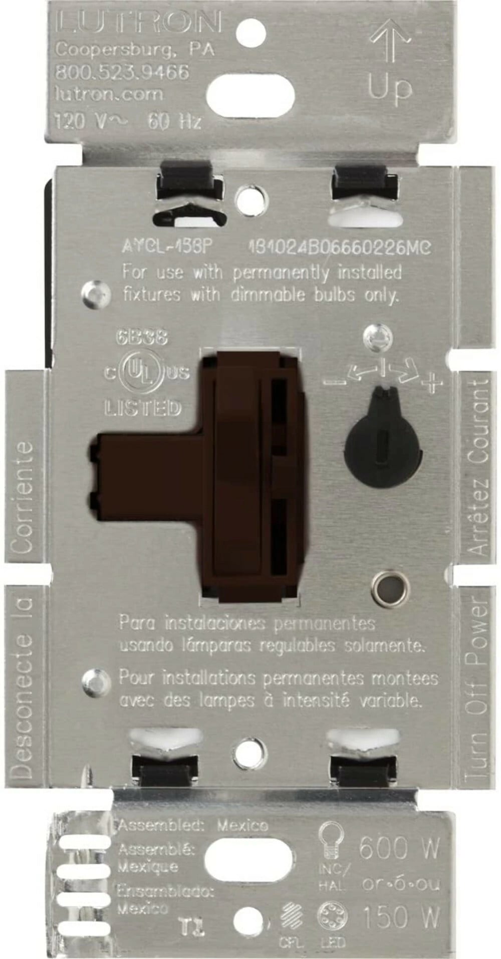 AYCL-153P-BR Ariadni LED+ Dimmer Switch, 150W LED, 1 Pole/3-Way, No Neutral Required, 120V, Brown