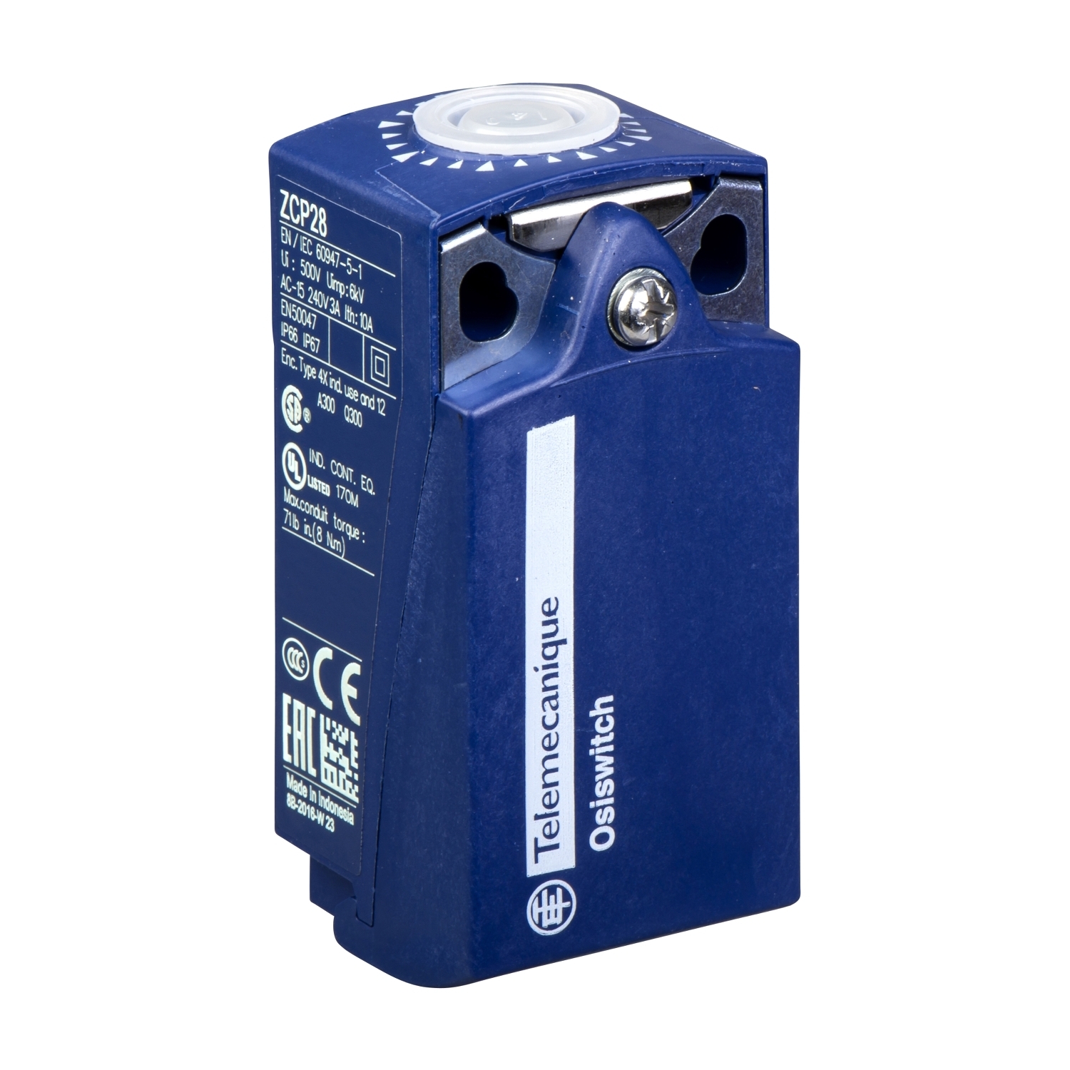 ZCP28 OsiSense XC 2-Pole Fixed Limit Switch Body, 2NO Contact, For Use With XCKP Standard Compact Limit Switch, 10 A, 1.5 A at 240 V AC, 0.1 A at 250 V DC Contact