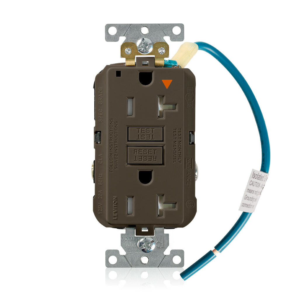 GFTR2-IG Isolated Ground Self-Test Tamper Resistant GFCI Receptacle With Brown Test, Reset Button, 125 V AC, 20 A, 2 Poles, 3 Wires, Brown