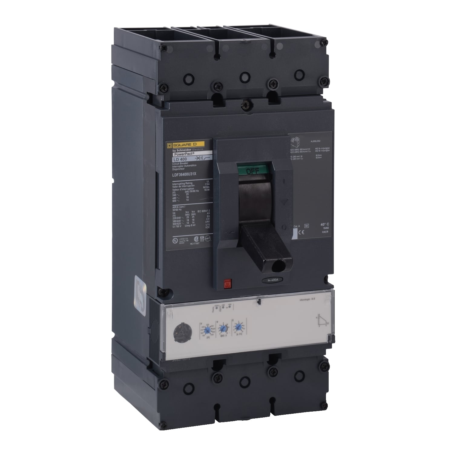 LDF36400U31X PowerPact Standard Molded Case Circuit Breaker, 600 VAC, 400 A, 25 kA at 240 VAC/18 kA at 480 VAC/14 kA at 600 VAC Interrupt, 3 Poles, Electronic Trip