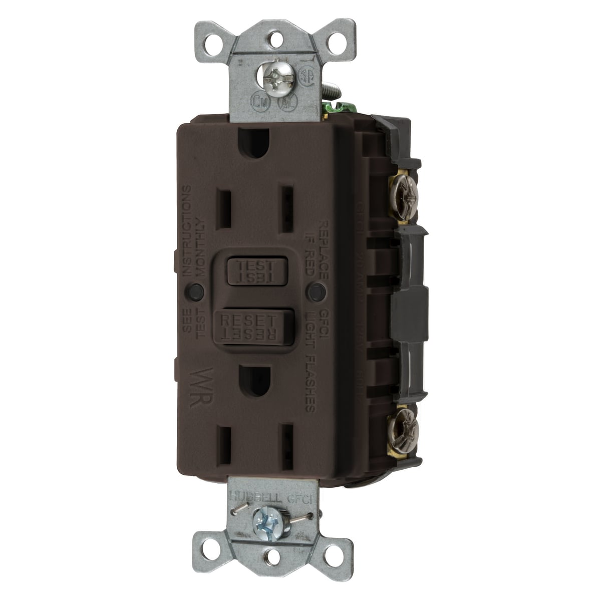 GFWRST15 1-Phase Duplex Grounding Heavy Duty Self-Test Standard Weather-Resistant Screw Mount GFCI Receptacle, 125 VAC, 15 A, 2 Poles, 3 Wires, Brown