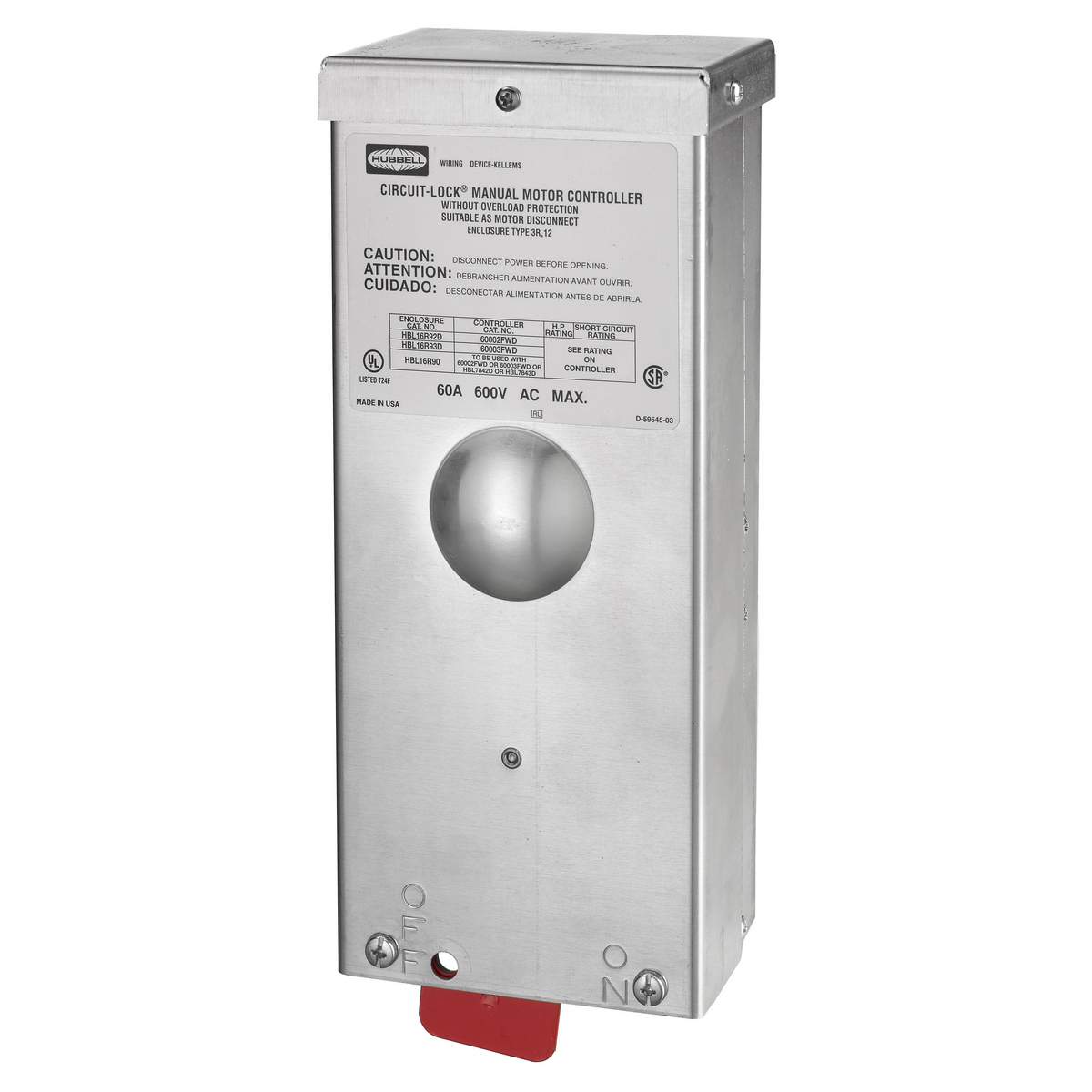 HBL16R93D Standard Metallic Enclosed AC Motor Disconnect Switch With Switch, 600 V, 60 A, 30 hp, 3 Poles