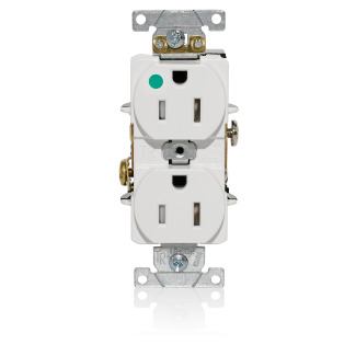 T8200-W T8200 Duplex Flat Smooth Face Heavy Duty Self-Grounding Standard Tamper-Resistant Straight Blade Receptacle, 125 V AC, 15 A, 2 Poles, 3 Wires, White