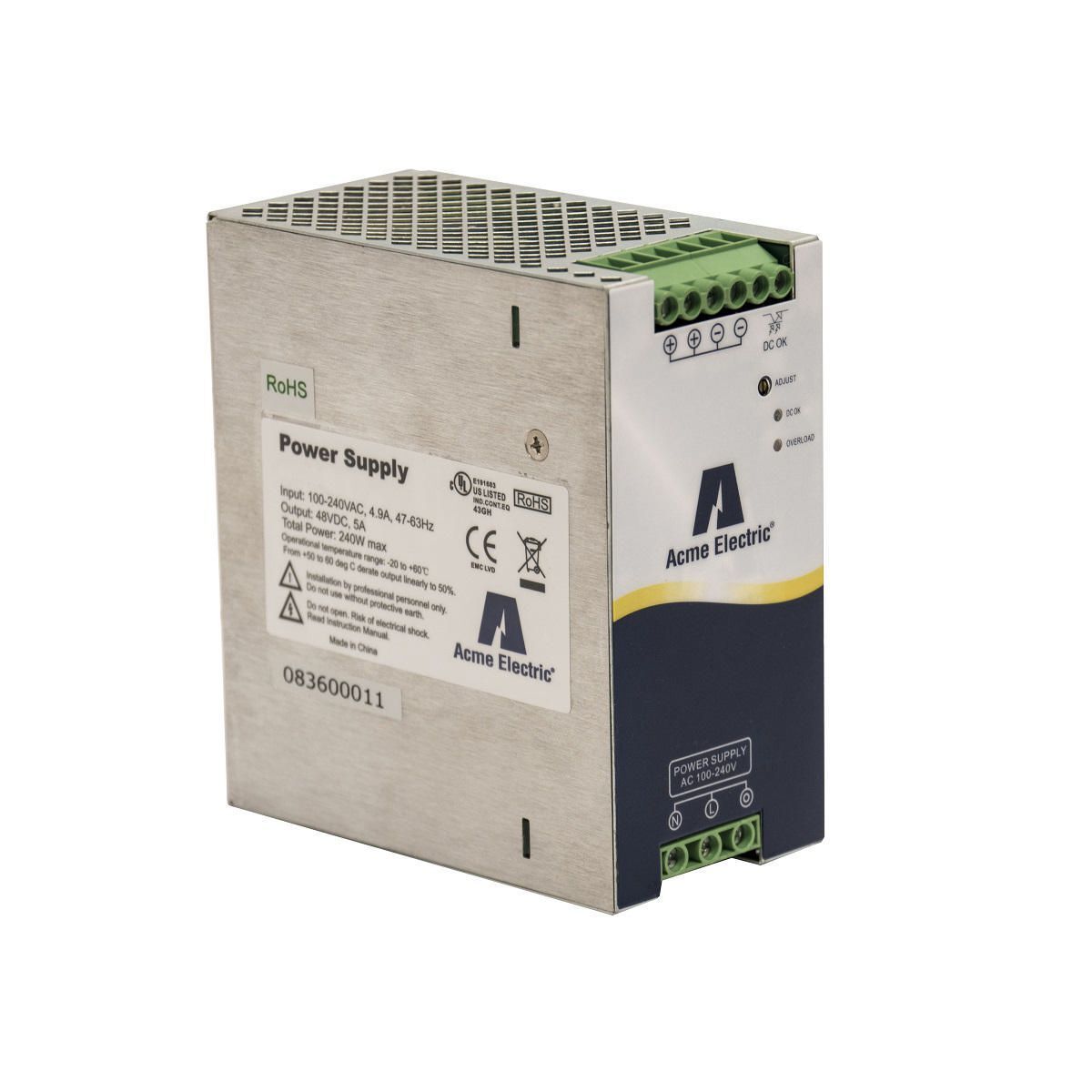 DM124025 DM Series 1-Phase Terminal Block Connection DC Power Supply, 90 to 254 V AC Input, 24 VDC Output, 60 W Power Rating, 2.5 to 2.1 A, DIN Rail Mount