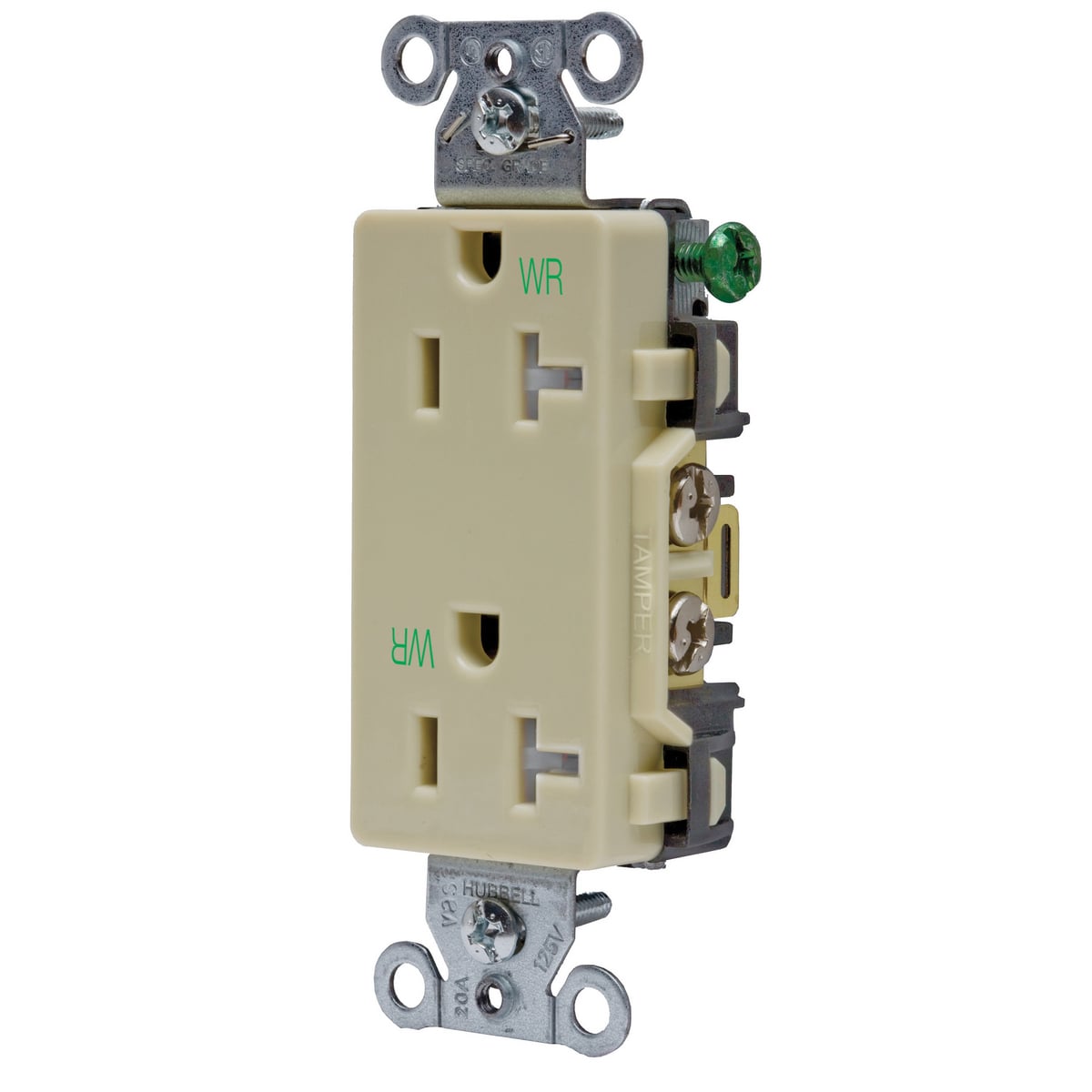 DR20IWRTR 1-Phase Decorator Duplex Self-Grounding Standard Tamper/Weather Resistant Screw Mount Straight Blade Receptacle, 125 VAC, 20 A, 2 Poles, 3 Wires, Ivory