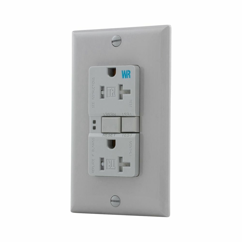 Eaton GFCI receptacle,Weather resistant,Tamper resistant,Self-test,#14 - 10 AWG,20A,Residential,Commercial,Flush,125 V,Back and side wire,Gray,Brass,Tamper and weather resistant,Polycarbonate,5-20R,Two-pole, three-wire, grounding