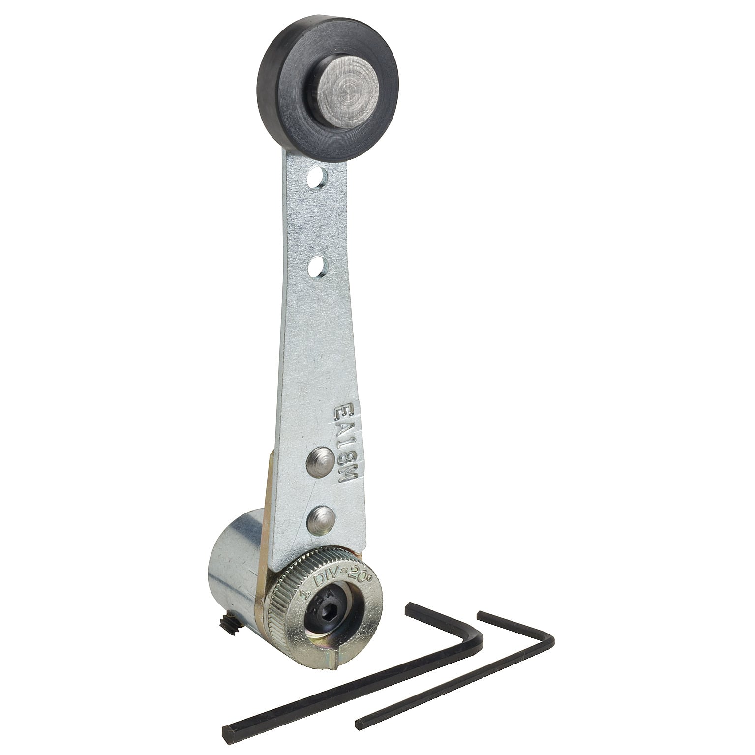 9007DA18M 360 deg Angular Adjustable Fixed Length Spring Return Roller Lever, 2-1/2 in L, Nylon Roller, Cast Zinc Arm