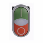 Eaton M22 modular pushbutton, 22.5 mm, Flush, Momentary, Illuminated, Bezel: Silver, Button: Top Green, Bottom Red, Inscription: Top I, Bottom O/ X1, X0, IP66, NEMA 4X, 13, Light 100,000 hours, Button 200,000 Operations