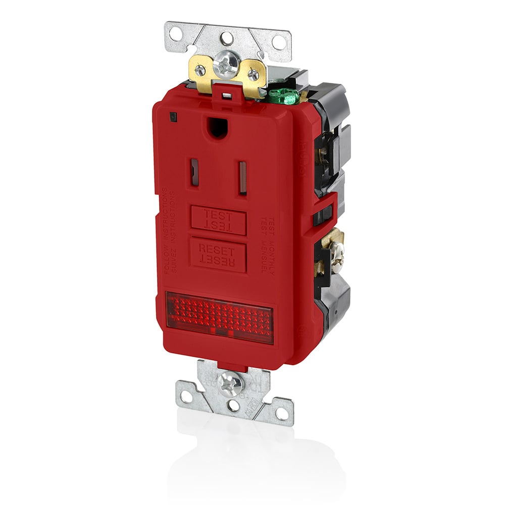 GFPL1-PLR SmartlockPro Slim Feed Through Self-Test Single Tamper Resistant GFCI Receptacle With LED Pilot Light, 125 V AC, 15 A, 2 Poles, 3 Wires, Red