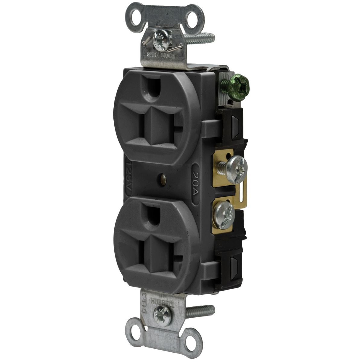 5362ABLK 1-Phase Duplex Heavy Duty Self-Grounding Standard Straight Blade Receptacle, 125 V, 20 A, 2 Poles, 3 Wires, Black
