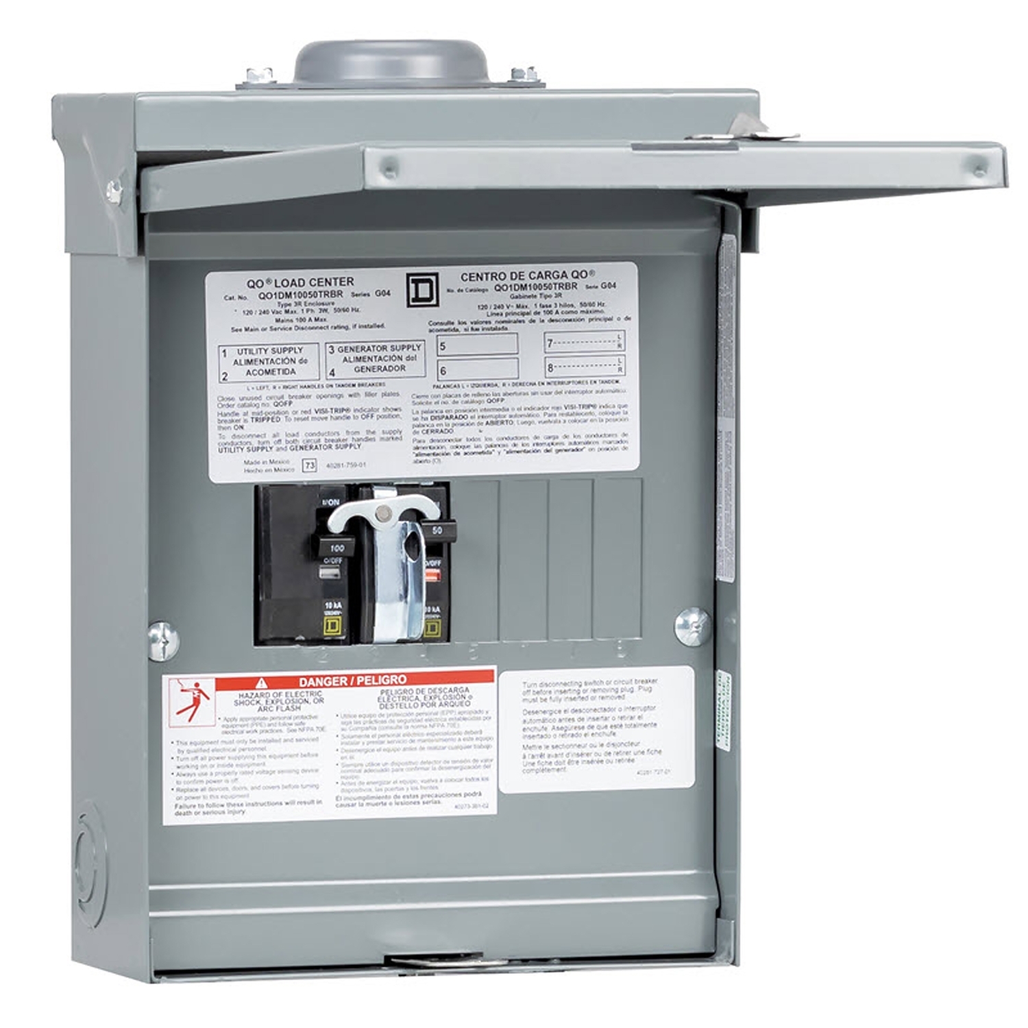 QO1DM10050TRBR 1-Phase Fixed Generator Main Breaker Load Center With Rainproof Cover, 120/240 V AC, 50/100 A, 10 kA Interrupt