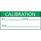 Write-On Control Markers, Vinyl, Legend CALIBRATION BY____ DATE _____ DUE ______, Marker Size 2.25 x 1 Green/White,  9 Markers per Card.   Package of 25 Cards.    Card Size 2.25 inch x 9.375 inch.  4 MIL White Drumcal Vinyl.