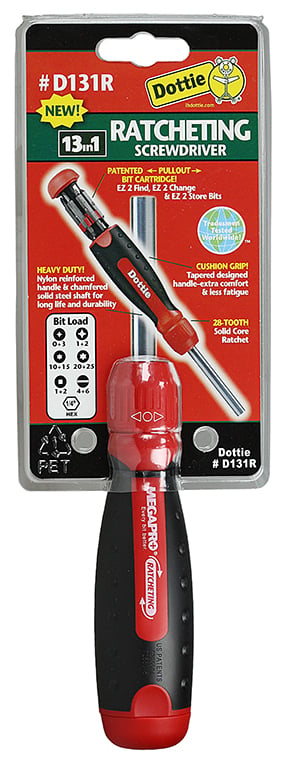 D131R Megapro 13-in-1 Ratcheting Screwdriver, 1/4 in, #4 to 6, #0, 1, #2, #3, #1, #2, #10, #15, #20, #25 Phillips/Slotted/Square/Torx Point, Steel Shank, Nylon Handle