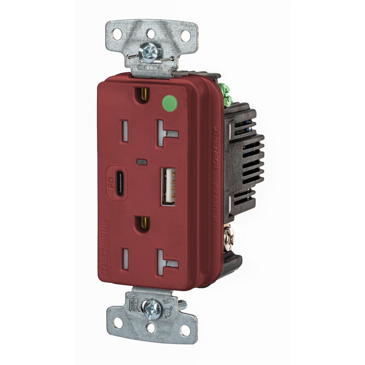 USB8300ACPDR Hospital Grade USB Charger Tamper Resistant USB, Electrical Ratings: 125 V AC, 20 A, 2 Poles, 3 Wires, Red