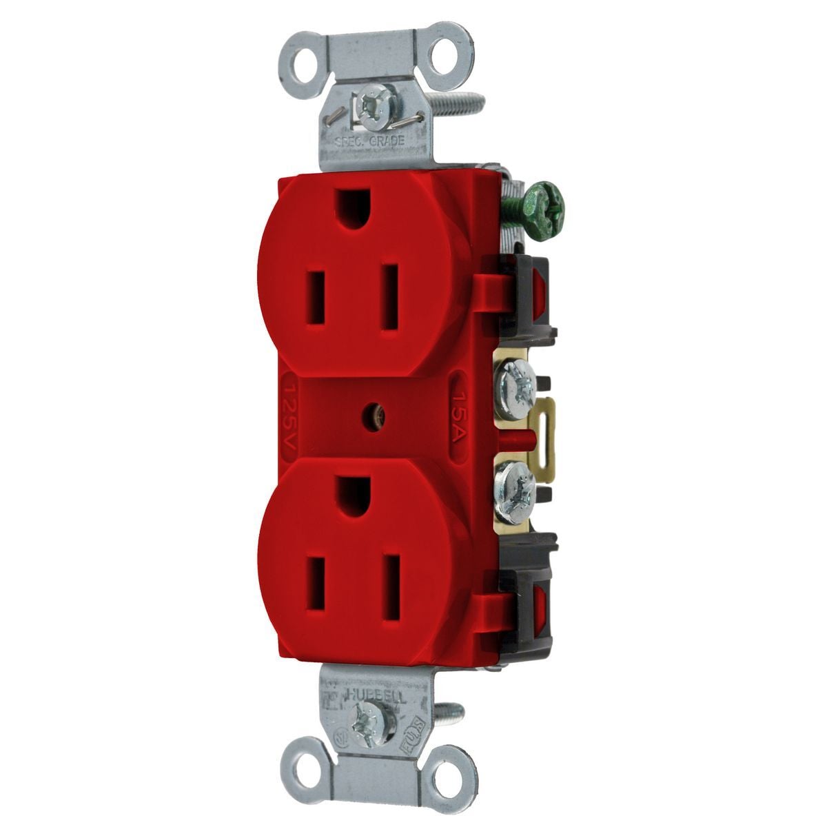 5252AR 1-Phase Duplex Grounding Heavy Duty Standard Traditional Screw Mount Straight Blade Receptacle, 125 V AC, 15 A, 2 Poles, 3 Wires, Red