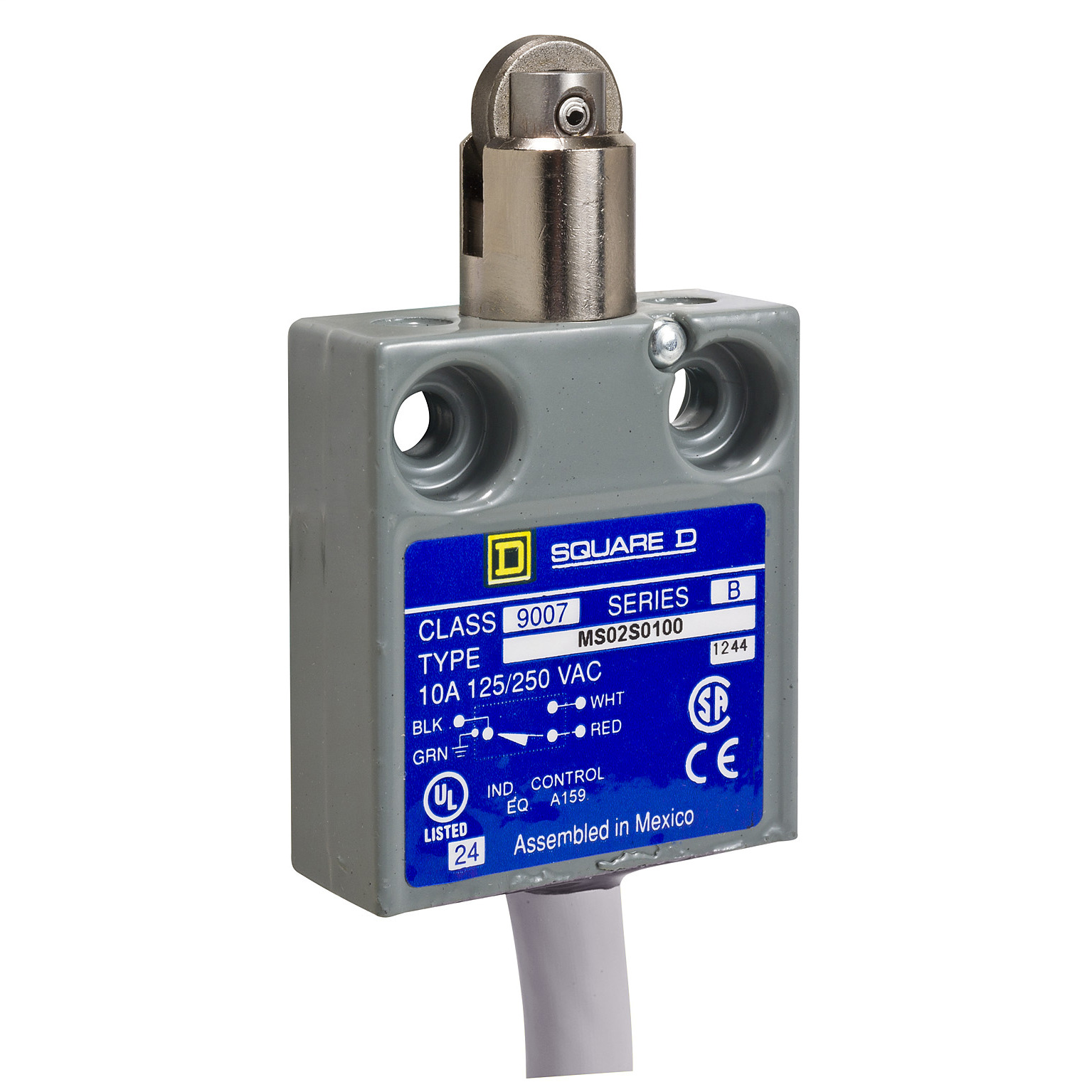 9007MS02S0210 Miniature Potted Fixed Limit Switch, 240 VAC, 10 A, Roller Plunger Actuator, 1NO-1NC Contact, 1 Poles