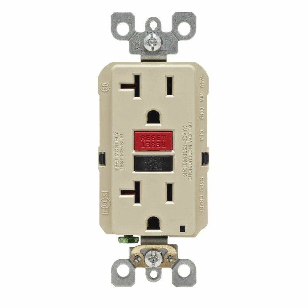 GFNT2-RI Decora Duplex Feed Through Self-Test Slim Standard GFCI Receptacle With Black Test Button, Red Reset Button, 125 V AC, 20 A, 2 Poles, 3 Wires, Ivory