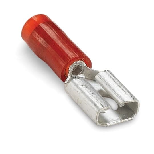 RA250M Sta-Kon Female Disconnect, 22 to 18 AWG Conductor, 0.25 in W x 0.032 in THK Tab, Brazed Seam Barrel, Brass, Red, Insulated