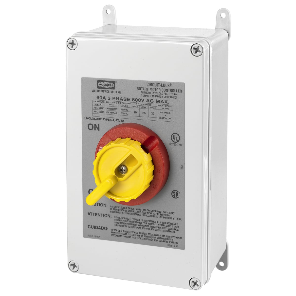 HBL16X63D Enclosed Front Wired Industrial Grade Non-Fused Non-Metallic Standard Disconnect Switch With Rotary Handle, 600 V, 60 A, 30 hp, 3 Poles