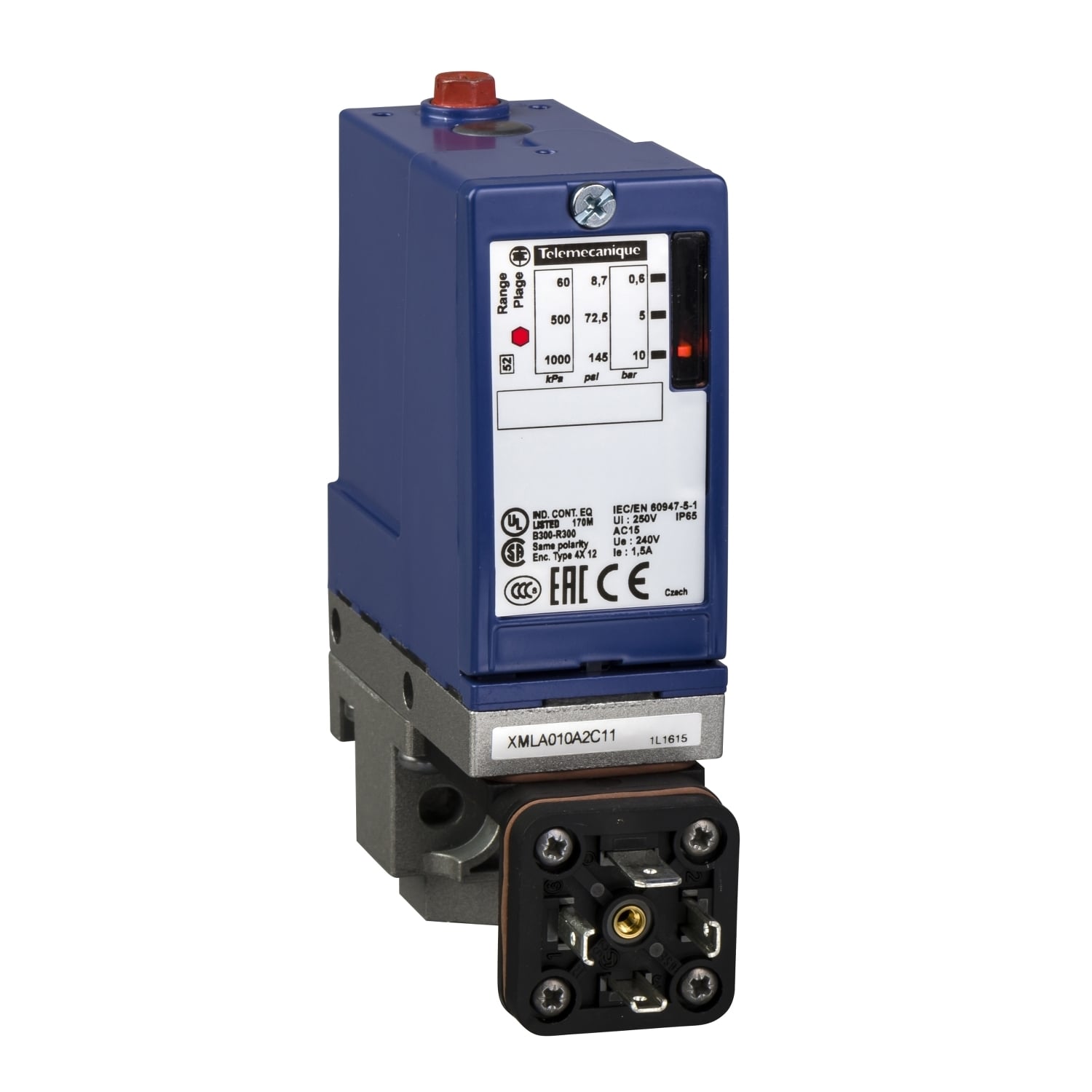 XMLA010A2C11 Nautilus OsiSense XMLA 1-Pole Electromechanical Pressure Sensor Fixed Differential Pressure Switch With Local Display, 0 to 145 psi Pressure, 7.25 psi Differential, 1CO Contact, 1/4 in BSP Female/Screw Clamp Connection