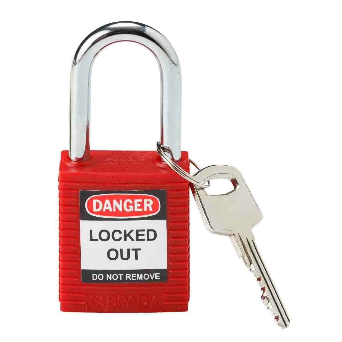 99552 Anti-Spark Key Retaining Safety Padlock, Different Key, Red, Fiberglass Reinforced Nylon Body, 1/4 in Dia x 1-1/2 in H x 0.8 in W Triple Coated Hardened Steel Shackle, 1-3/4 in L Body, Non-Conductive Conductivity