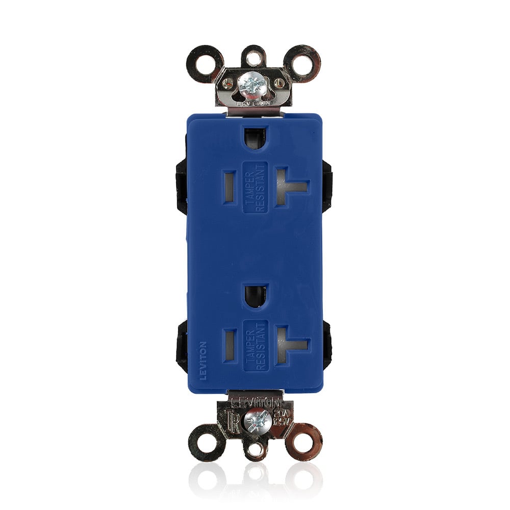 MT163-B Lev-Lok Duplex Self-Grounding Tamper Resistant Straight Blade Receptacle, 125 V AC, 20 A, 2 Poles, 3 Wires, Blue