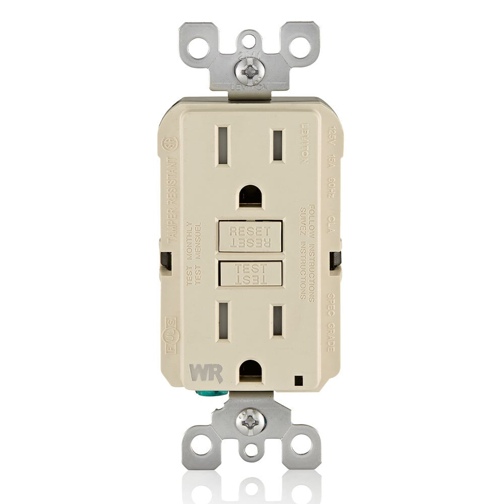 GFWT1-T Duplex Feed Through Self-Test Slim Tamper/Weather Resistant GFCI Receptacle With Light Almond Test, Reset Button, 125 V AC, 15 A, 2 Poles, 3 Wires, Light Almond