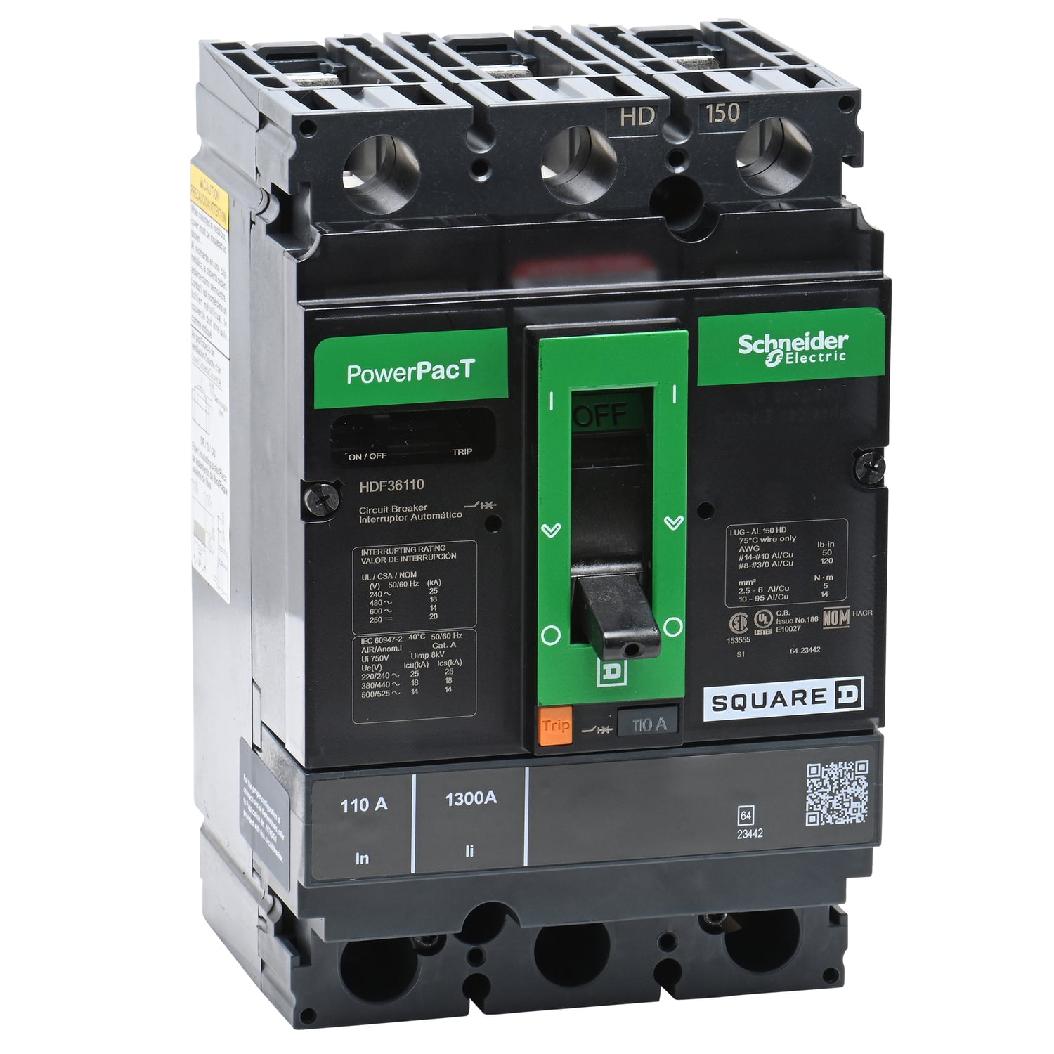 HDF36110 PowerPact Molded Case Circuit Breaker, 600 V AC, 110 A, 14 kA Interrupt, 3 Poles, Thermal Magnetic Trip