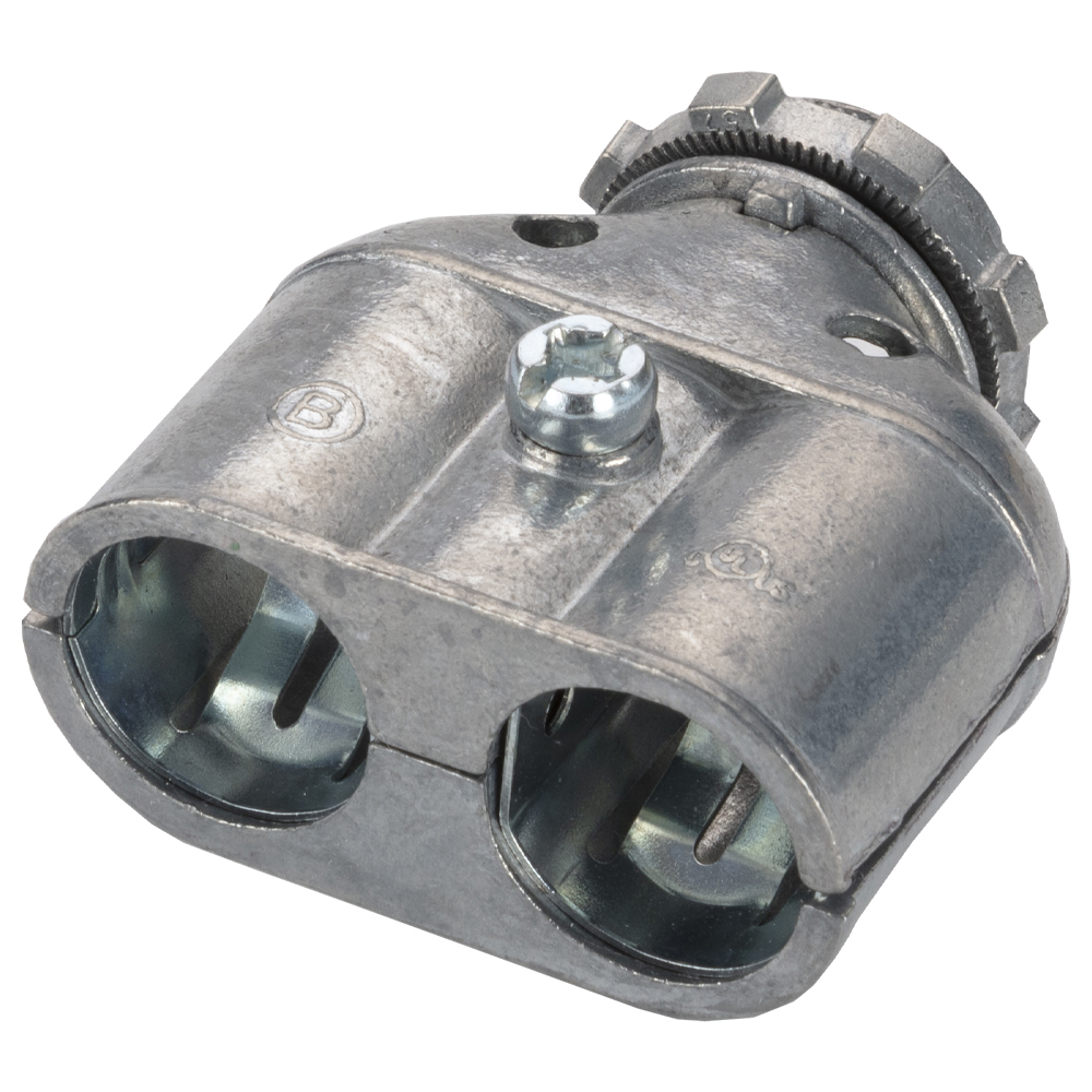 3838-DC2 Bridgeport E-Z Lock Duplex Connector, 3/8 in Trade, 1/2 in Knockout, 0.38 to 0.59 in Dia Cable Openings, Die Cast Zinc, Ball Burnished Mirror Smooth