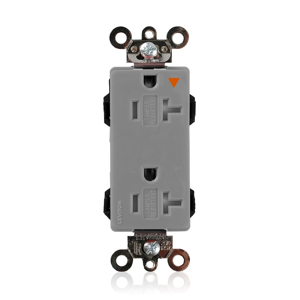 MT163-IGG Decora Plus Lev-Lok 1-Phase Duplex Heavy Duty Isolated Self-Grounding Tamper Resistant Straight Blade Receptacle, 125 VAC, 20 A, 2 Poles, 3 Wires, Gray