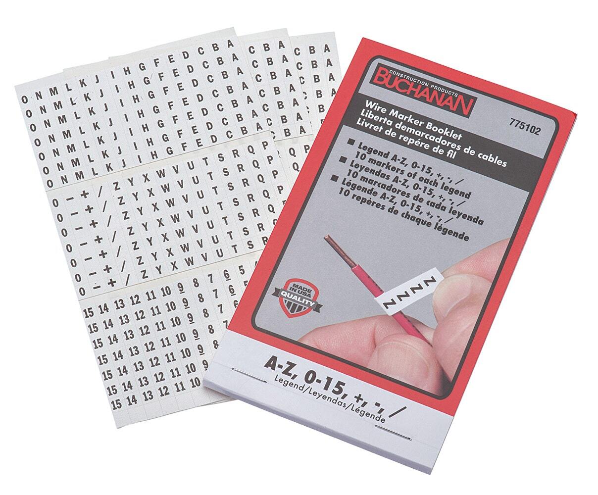 775102 Buchanan Pre-Printed Wire Marker Booklet, 1-1/2 in L x 1/4 in W, Black/White, Plastic Impregnated Cloth