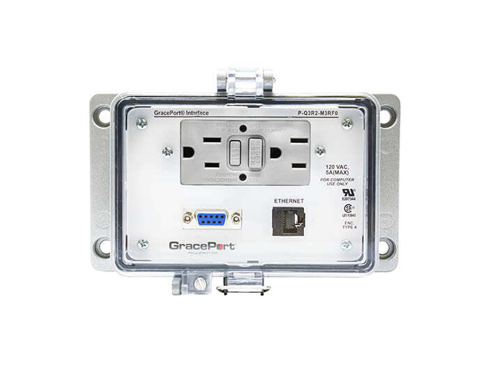 Panel Interface Connector with DB-9 F/F, Category 5e RJ45, Panel Mount Housing, UL Type 4, GFCI Duplex Inside-Outlet, No Circuit Breaker