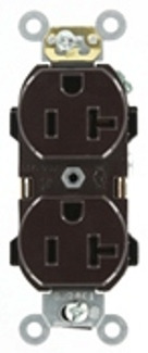 BR20-S Straight Blade Duplex Receptacle, 125 VAC, 20 A, 2 Poles, 3 Wires, Brown