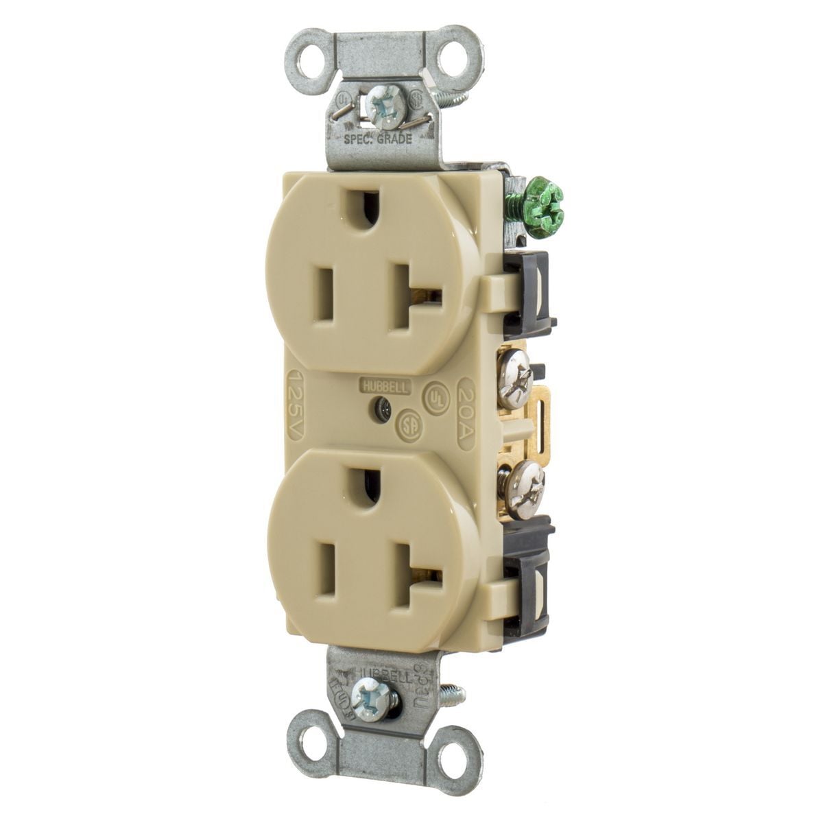 5352AI 1-Phase Duplex Heavy Duty Self-Grounding Standard Traditional Screw Mount Straight Blade Receptacle, 125 V AC, 20 A, 2 Poles, 3 Wires, Ivory