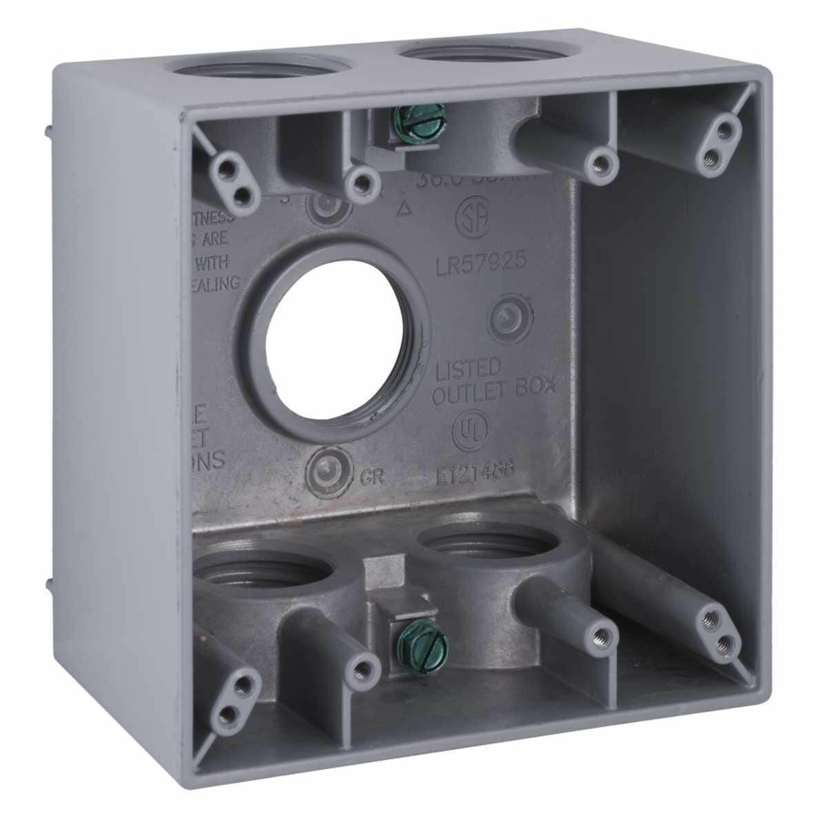 5389-0 Deep Weatherproof Outlet Box, Die Cast Aluminum, 36 cu-in Capacity, 2 Gangs, (5) Outlets, 4.5 in H x 4.5 in W x 2.656 in D